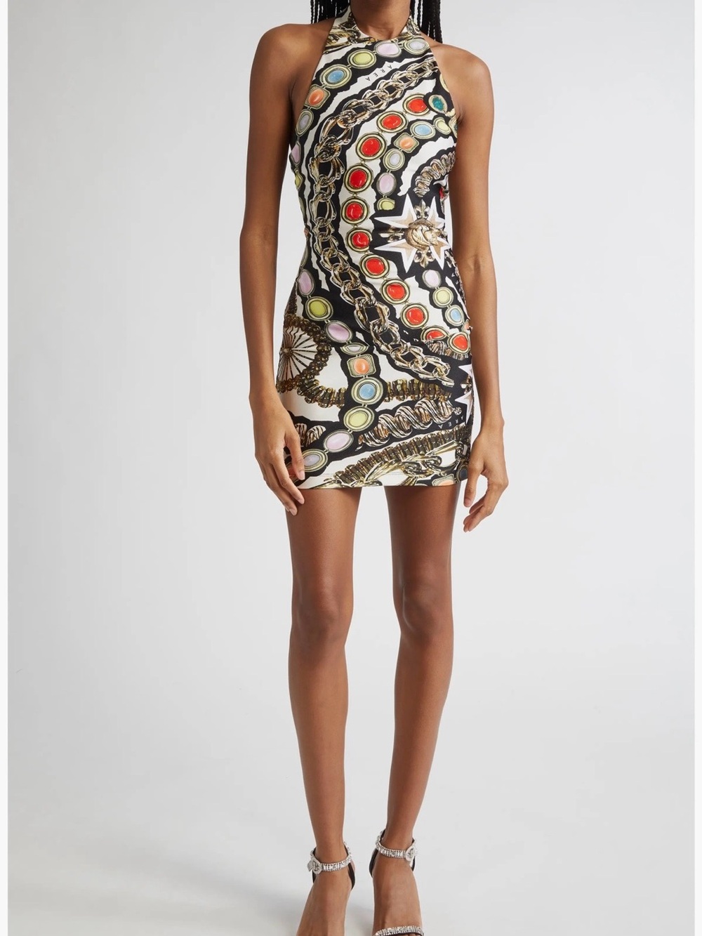 AREA Black Halter Mini Dress with Red, Pink, Blue & Green Accents